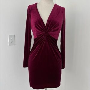Miss Avenue Deep Wine Velvet Twist-Front Long Sleeve Dress #133